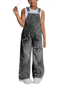 Girls Star Print Denim Overalls, Denim Material, 130-160cm, Kids Retro Blue Jumpsuit, Contrast Stitching, Sweet Wide Leg Dungarees, Wide Leg Fit, Playful Cute Straight Jean Romper