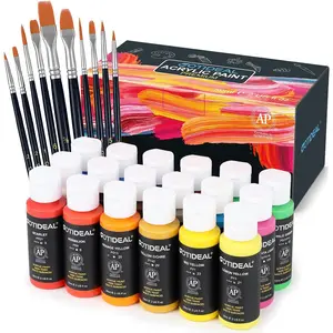Acrylic Paint Set with 10 Brushes, 18 Colors 59ml 2 oz Non Toxic Art Craft Paint, Suitable for Indoor Outdoor, Ideal for Canvas Wood Clay Ceramic, Perfect for Hobby Artists Adults Painting Supplies
