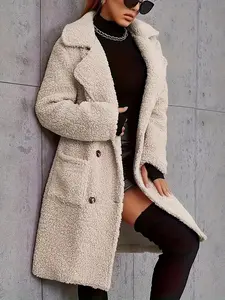 LIA Women's Winter Lamb Fur Mid-Length Coat Soft Aesthetic Double-Breasted Outerwear Casual Loose-Fitting Plain Pattern Jacket