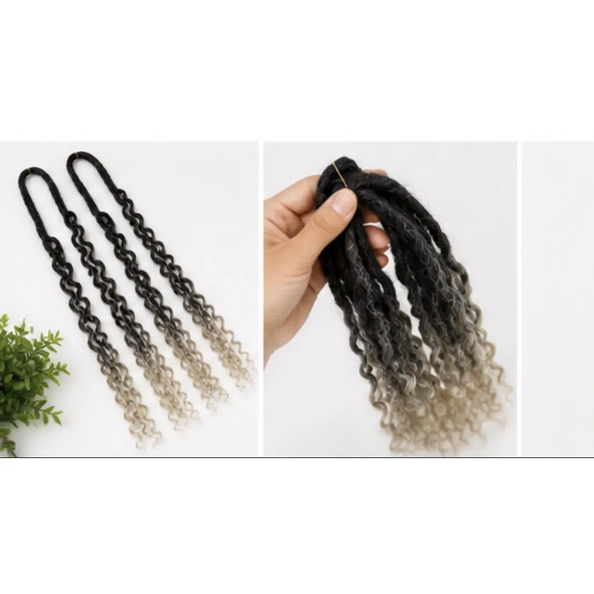 Boho Curly Double-Ended Dreadlock Extensions 24 Inches Ombre Black to Silver-Blonde Lightweight Synthetic Fiber for Protective Styles Festivals Cosplay