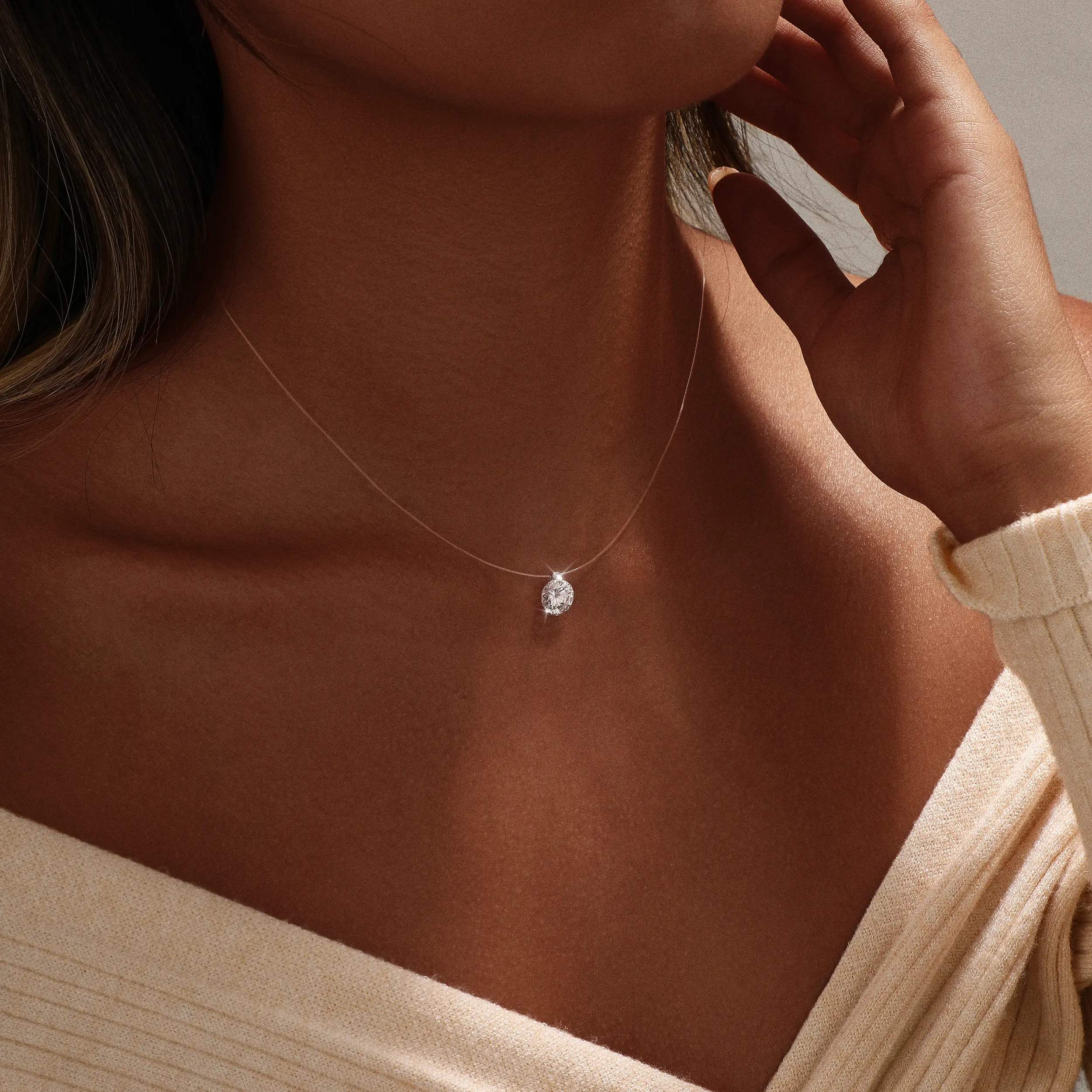 Pvoovi S925 Round Cubic Zirconia CZ Choker Necklace, Invisible Fish Line Setting for Women