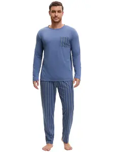 INSPIRE CHIC Men's 2 Pieces Pajamas Set Long Sleeve Crew Neck Casual Stripes Pattern Sleepwear Set