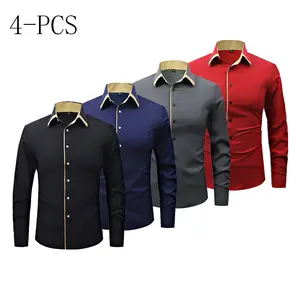 Men’s 4-Pack Slim Fit Stretch Long-Sleeve Shirts Set, 94% Polyester/6% Spandex Smooth Fabric, Wrinkle-Free, Breathable, Color-Contrast Trim, Elegant Luxury-Inspired Menswear, Multiple Colors, For Business Formal & Casual Wear