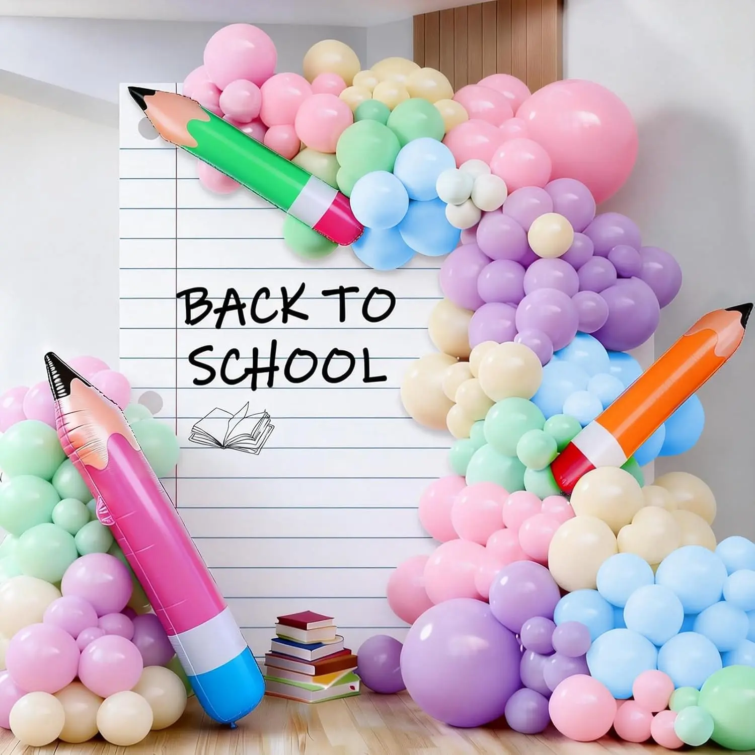 Back to School Rainbow Balloon Garland Kit with Giant Pencil & Notebook Photo Props for Class