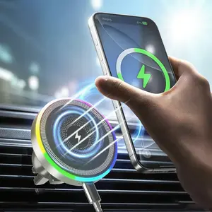 Magnetic Car 15W Wireless Charger Phone Holder Car Gadgets RGB Light Air Vent Mount Clip Dock Stand For iPhone 17 16 15 14 13 12 Pro Max Samsung Xiaomi Mount Fast Charging Station