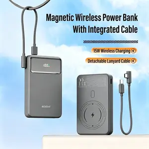 ACTCICL Ultra-thin 3-in-1 Magnetic Power Bank, 10000mAh Portable Charger with Lanyard Charging Cable, 22.5W Fast Charging & 15W Wireless Charging, Compatible with iPhone 17/16/15/14/13/12 & Android Devices