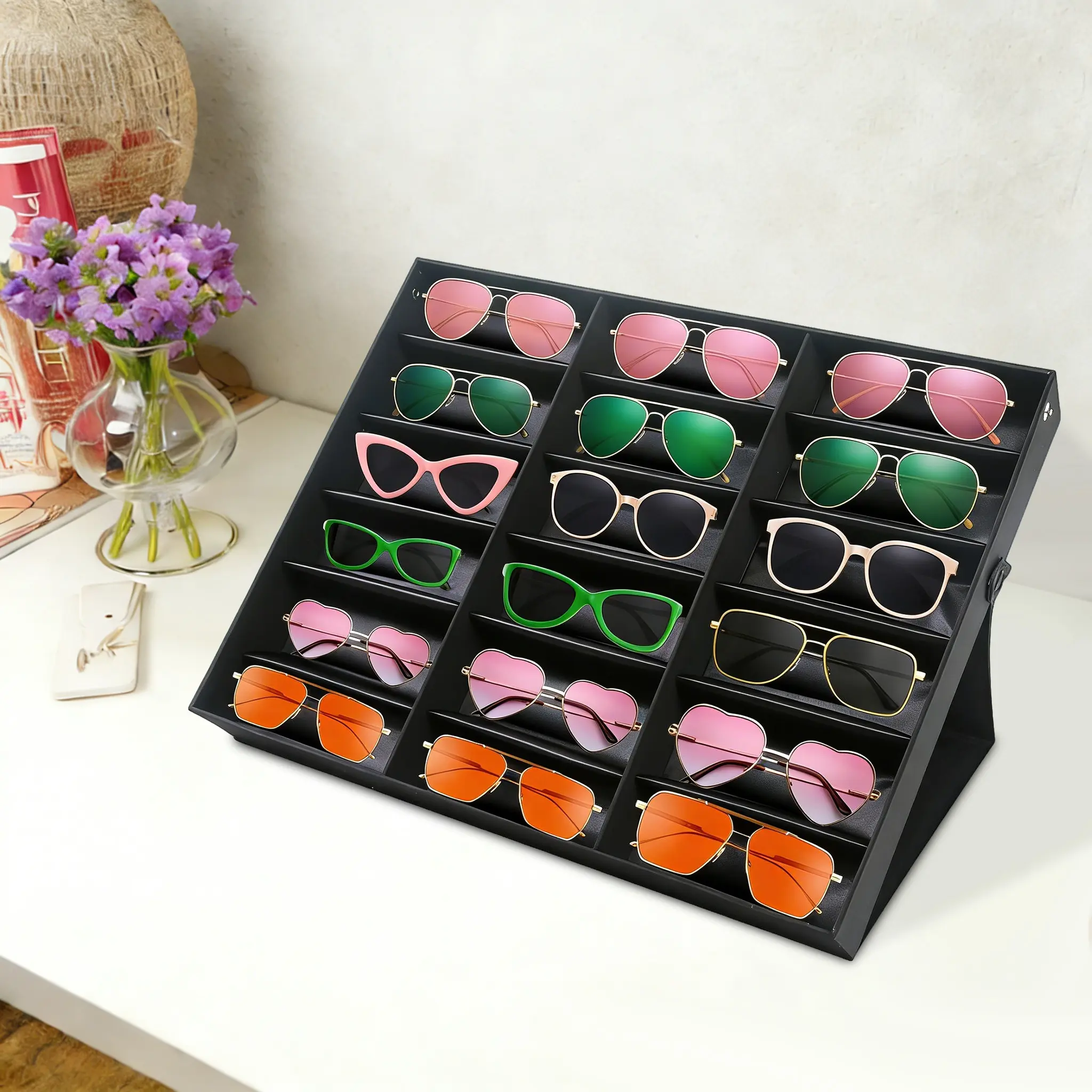18-Pair Lightweight MDF Sunglasses Display Box - Carbon Fiber PU Home Organizer, Black Dustproof Cover, Flip Lid with Lid-Closed Design, Adhesive Bonding & Fixed Buttons, 18 Independent Compartments, Retail-Worthy for Eyeglasses Storage, Father Son Gift