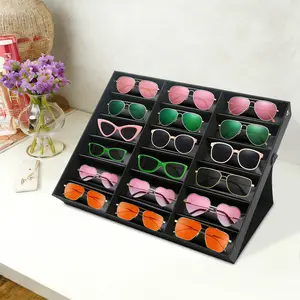 18-Pair Sunglasses Display Box – Carbon Fiber PU Organizer with Black Dustproof Cover, Ideal for Eyeglasses Storage & Exhibition