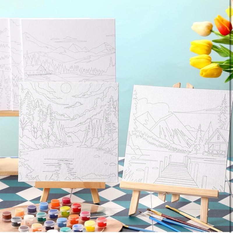 12 Pcs Pre Drawn Canvas for Painting for Adults 8 x 8 Inch Canvas Painting Kits Stretched Canvas with Drawing Ready to Paint Beginner Artists Date Night Party Supplies(Scenery)