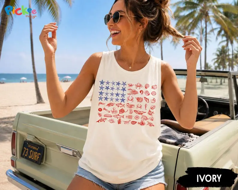 Comfort Colors USA Coastal Shell Tank Top, Patriotic Beach Lover Tee, American Flag Shirt for Her, 250 Years Of Freedom Shirt, 4th of July