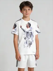 Boys Real Madrid Football Fan Outfit Set White Watercolor Cristiano Ronaldo 7 RONALDO Graphic Tee + White Shorts 2 Piece Outfit Kids Soccer Sport Style Breathable Casual Wear for School Football Match & Fan Gathering Fashion Kids Clothes