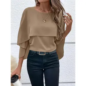 [Versatile Cape Shirt] Versatile Solid Color Layered Cape Sleeve Shirt For Spring And Autumn, Women's Clothing