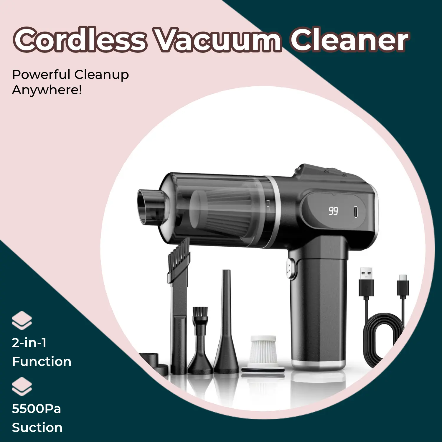 2-in-1 Cordless Handheld Vacuum & Air Duster, 5500Pa Powerful Suction with 4 Accessories, Portable Lightweight Budget Cleaner for Car Interior, Home, Pet Hair Cleaning,bed cleaner,budget vacuum，lightweight vacuums，compress air duster