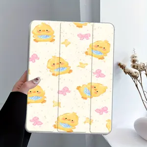 Kawaii Yellow Chick design iPad Case, Double-sided printing Transparent Acrylic Hard Back Panel With Pencil Slot for Ipad mini pro air. Scratch-resistant Ultra-thin Protective Case, Shock-resistant Full Cover Protective Case for Offices Schools Homes