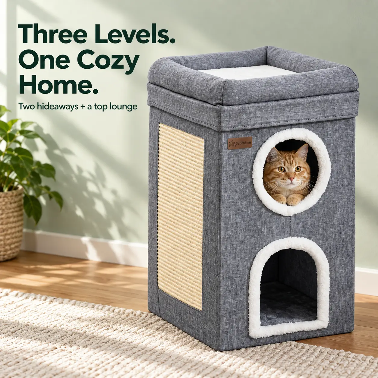 3-in-1 Foldable Cat Tower with Scratcher, Double Caves & Soft Top Perch, Modern Grey Cat Condo