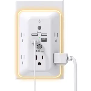 Surge Protector Outlet Extender with Night Light – 5 AC Outlets & 4 USB Ports (1 USB-C), Multi Plug Wall Adapter for Home, Office & Dorm