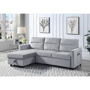 Ruby Light Gray Velvet Reversible Sleeper Sectional Sofa with Storage Chaise and Side Pocket