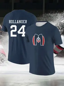 24#Hollander Navy Blue Hockey Novel T-Shirt Featuring iris and subway motifs Comfortable breathable fabric Quick-dry moisture-wicking Versatile for sports and everyday wear