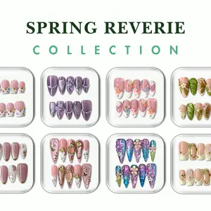 NailPhoria SPRING REVERIE Collection - Handmade Press-On Nails | Reusable, Salon-Quality, Long-Lasting, Glossy Design Floral Embellished Rhinestone