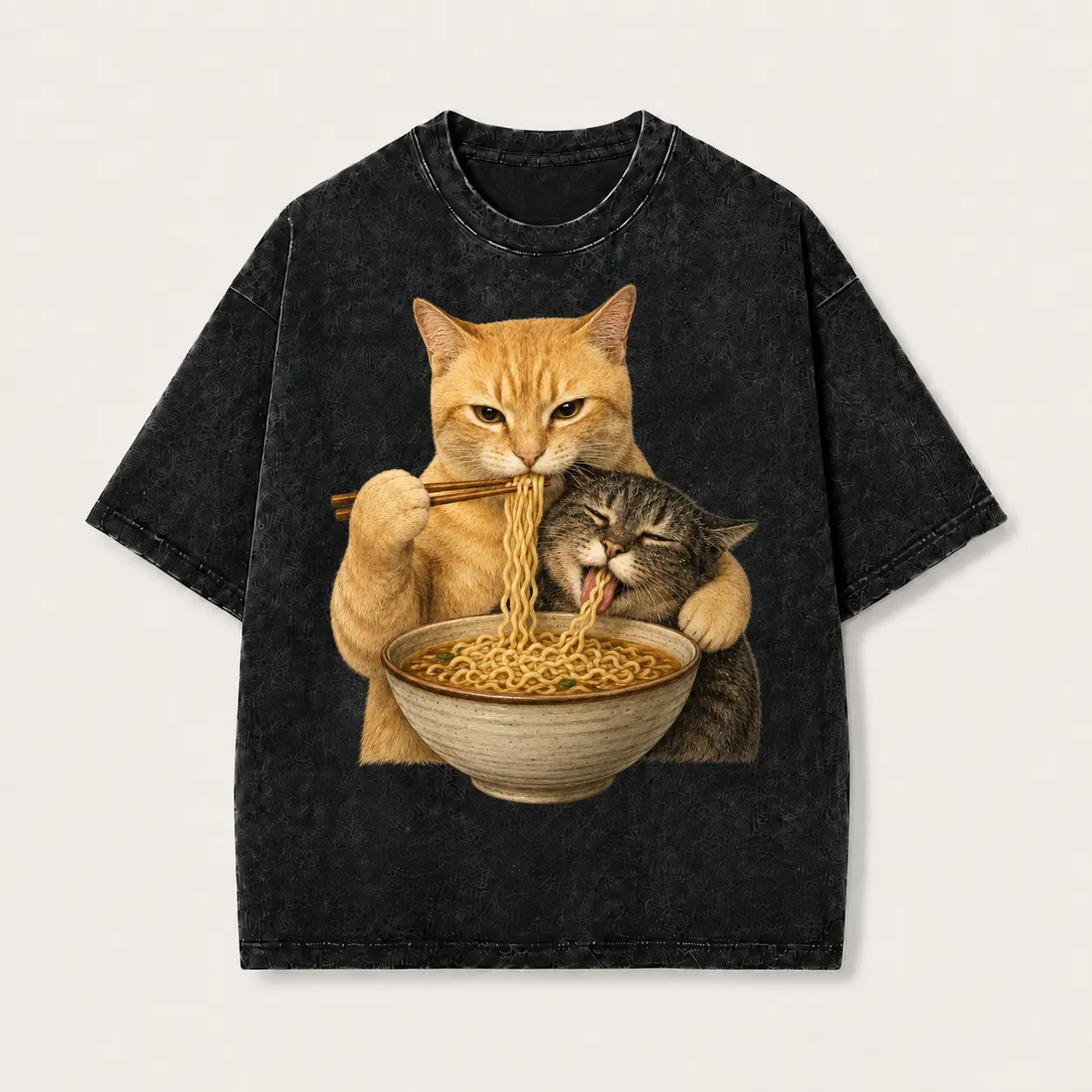 Men's Vintage Washed Cat Ramen Graphic Print T-Shirt - 230G Heavyweight Cotton, Oversized Relaxed Loose Casual Tee, Round Neck Short-Sleeve, Medium Length, Soft All-Season Menswear for Daily Layering, Grey
