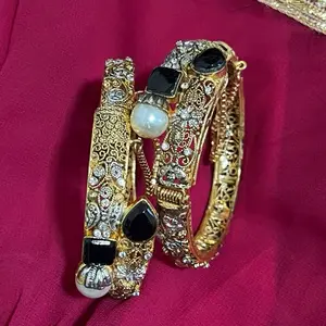 Polki and Imitation Pearls Kara Set Bangle Cuff Bracelet and Elegant Design for Stylish Outfits