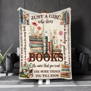 Bookworms must enter! Literary reading theme blanket, with a variety of books and classic texts, covering the love of reading into daily life