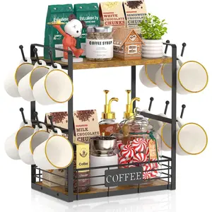 2 Tier Coffee Mug Cup Holder Tree Bar Station Organizer, Countertop Kitchen Mug Stand Rack Storage Display Shelf with 12 Hooks, Vintage Brown Black Coffee Nook Enhancer