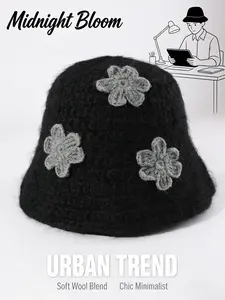 Surprise Discount! Slouchy Gentle Unisex Knit Bucket Hat [Afternoon Tea Date] Flower-decor Minimalist Eye-catching Item