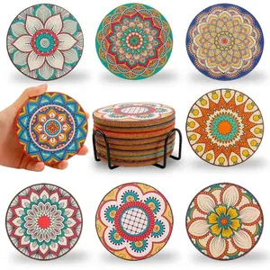 Set of 8 Round Cork Coasters, Cute Colorful Boho Coasters for Drinks with Holder, Apartment Farmhouse Office Bar Decor, Birthday Gifts for Mom Grandma(Mandala 1)