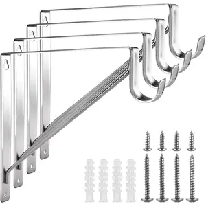 4 Pack 11 x 11 x 1 Inch Heavy Duty Electroplated Silver Steel Closet Rod Brackets, Wall Mounted Shelf and Rod Support Holders for Closet