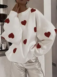 Women's Long Sleeve Sweater, Micro-Elastic Knitwear, Heart Pattern Design, Perfect for Valentine's Day, Warm & Stylish Top