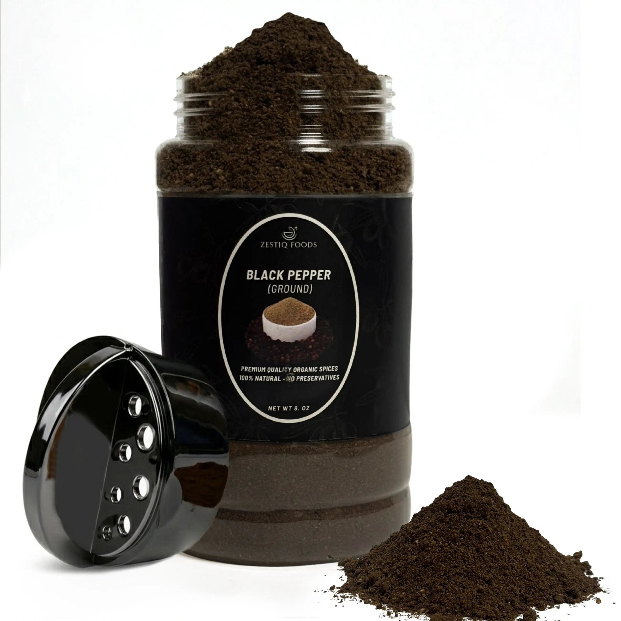 Zestiq Foods Premium Quality Certified Organic Ground Black Pepper, 8 oz Shaker Jar – Finely Ground Black Pepper for Cooking, Seasoning & Everyday Flavor
