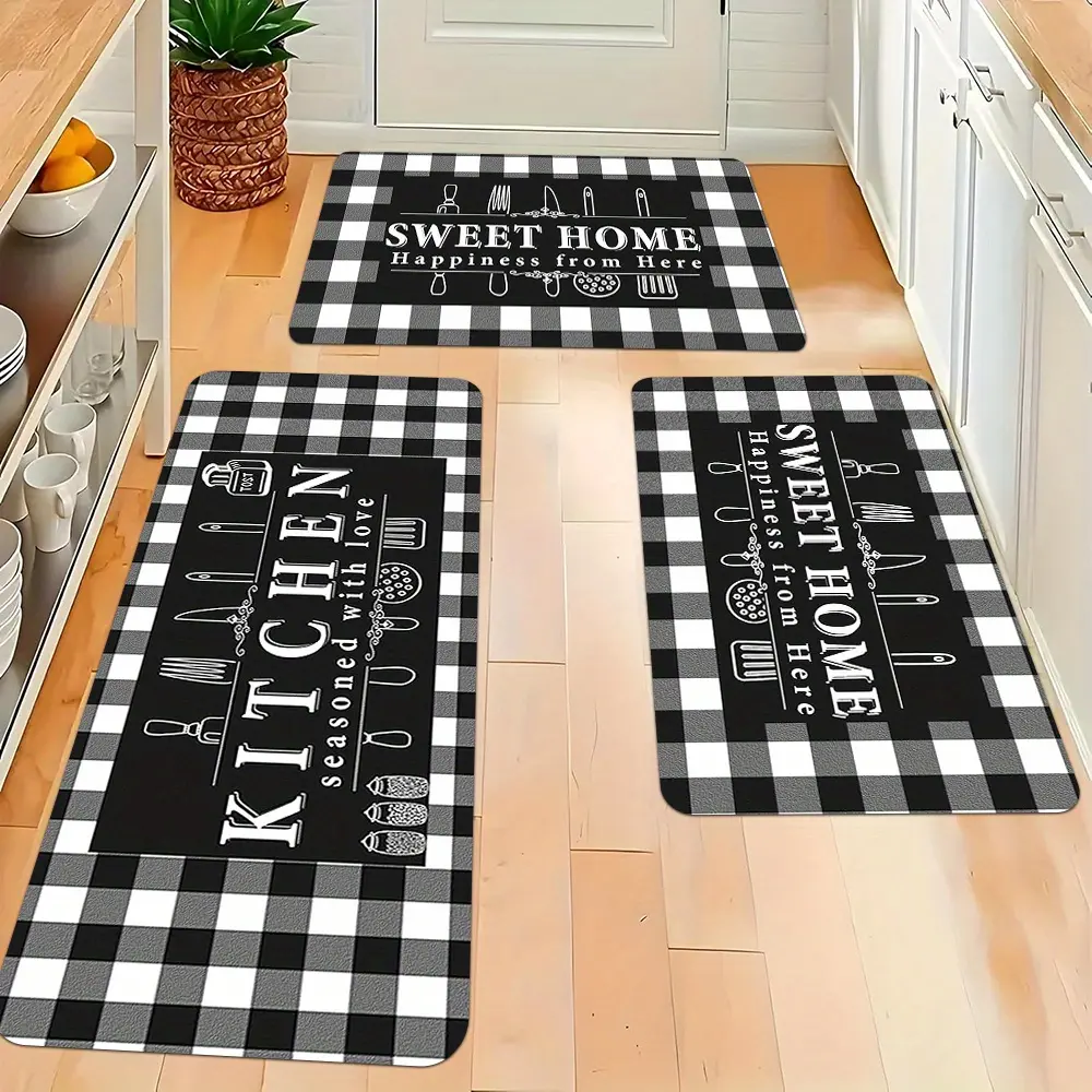 2pcs/3pcs, Home Kitchen Mat Set - Sweet Home And Kitchen Checkered Pattern Household Decoration, Flannel Carpet, Suitable for Sink, Bedroom, Living Room, Dining Area