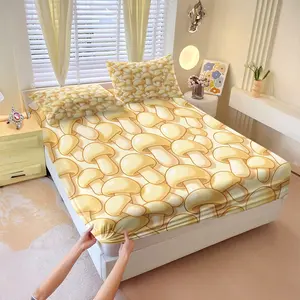 3Pcs Mushroom Print Fitted Sheet Set, Multiple Styles, Soft Breathable Skin-Friendly Bedding for Teens & Adults, Suitable for All People, Ideal Gift Choice (No Filler, No Pillow Insert)