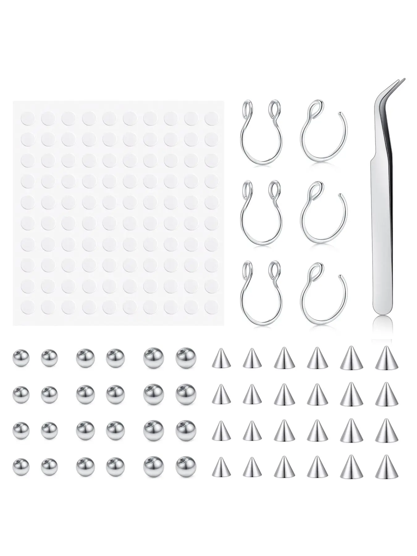 Face Gems Fake Piercings, Fake Lip Ring Fake Nose Rings Fake Eyebrow Piercing Fake Lip Piercing Self-Adhesive Face Sticker Fake Piercing Balls Silver Cool Punk Y2k Halloween Makeup Non Piercing Body Jewelry For Women Men Nose Piercings Kit Body Jewellery