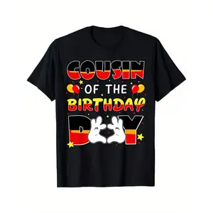 1pc Funny Birthday Cousin T-Shirt - Cousin of the Birthday Boy Graphic Tee with Red & Yellow Lettering & Thumbs-Up Design - Unisex Adult Casual Short Sleeve Round Neck Black Shirt for Family Party Outfits, Birthday Celebration Apparel