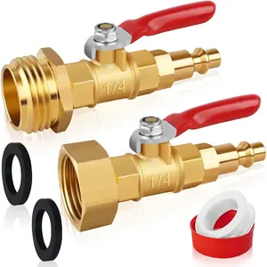 RV Winterize Blowout Adapters, 3/4'' GHT Male & Female Brass Winterizing Plugs, Air Compressor Sprinkler Blow-out Fitting Connector with Shut off Valve, for Camper,Boat,Garden Faucet Marine