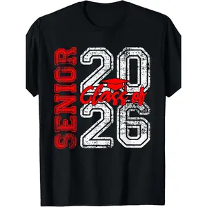Graduation T-Shirt for The Class of 2026 - Senior Year Design in Black with Red And White Text - Heavyweight 100% Crew Neck with Cap And Diploma Print - Unisex Adult Apparel for Both Men And Women - Great Gift Idea for Graduates - Vintage Distressed