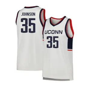 White #35 Johnson Basketball Jersey, College Style Mesh Tank Top, Blue Trim Game Day Shirt, Sports Fan Apparel, Athletic Gift for Men