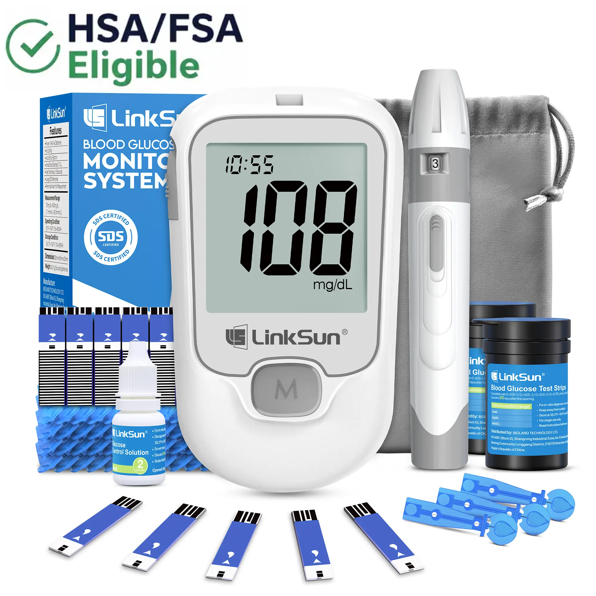 LINKSUN G-425-1 No Coding Blood Glucose Monitor Kit - Ready Out of the Box, Fast Accurate Results, Easy for Seniors, ISO Standard, Home Use, Control Solution Inc, Quick Diabetes Checks, HSA/FSA Eligible (100/50 Test Strips, 100/50 Lancets)