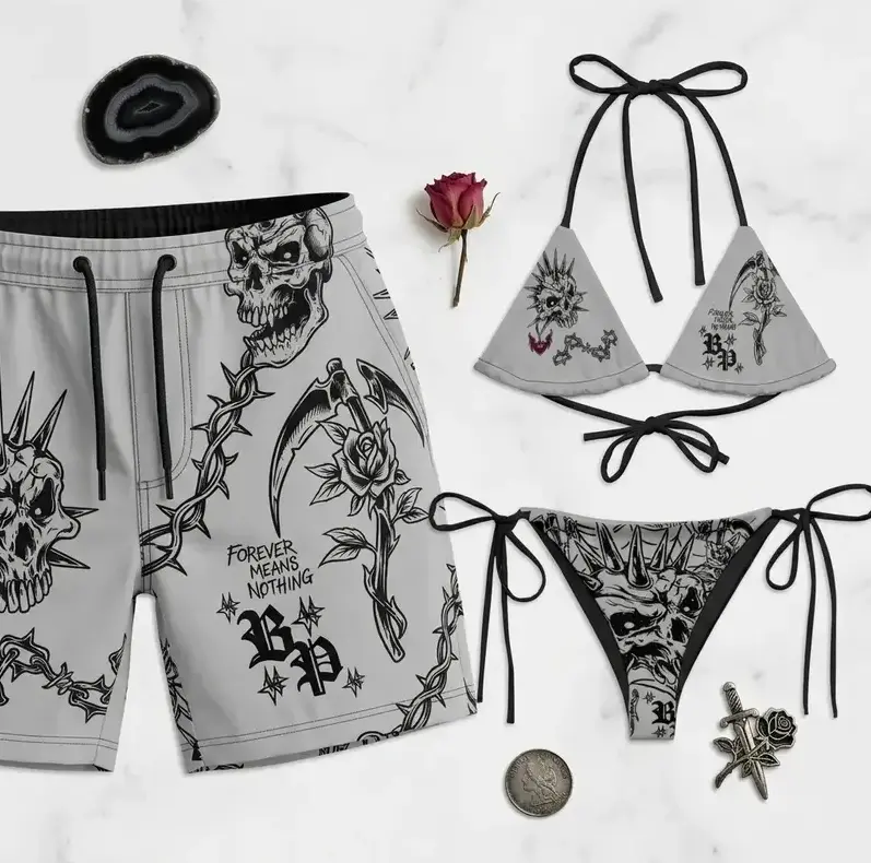 Matching Couple Gothic Swimwear Set, Alternative String Bikini & Men's Swim Trunks, Y2K Aesthetic Beach Vacation Swimwear