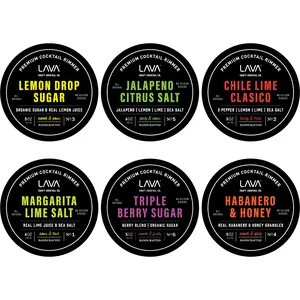 Variety 6-Pack LAVA Premium Cocktail Rimmers: Jalapeno Citrus Sea Salt 6oz, Lemon Drop Sugar 5oz, Margarita Lime Sea Salt 6oz, Honey Habanero 5oz, Chile Lime Clasico 5oz, Triple Berry Sugar 5oz rim  dips