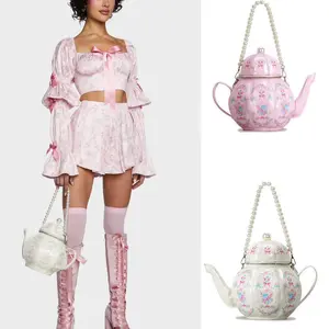 Must-Have Sweet Vintage Bag! Printed Teapot Shaped Crossbody Purse, Pearl Chain Lolita Style Shoulder Handbag