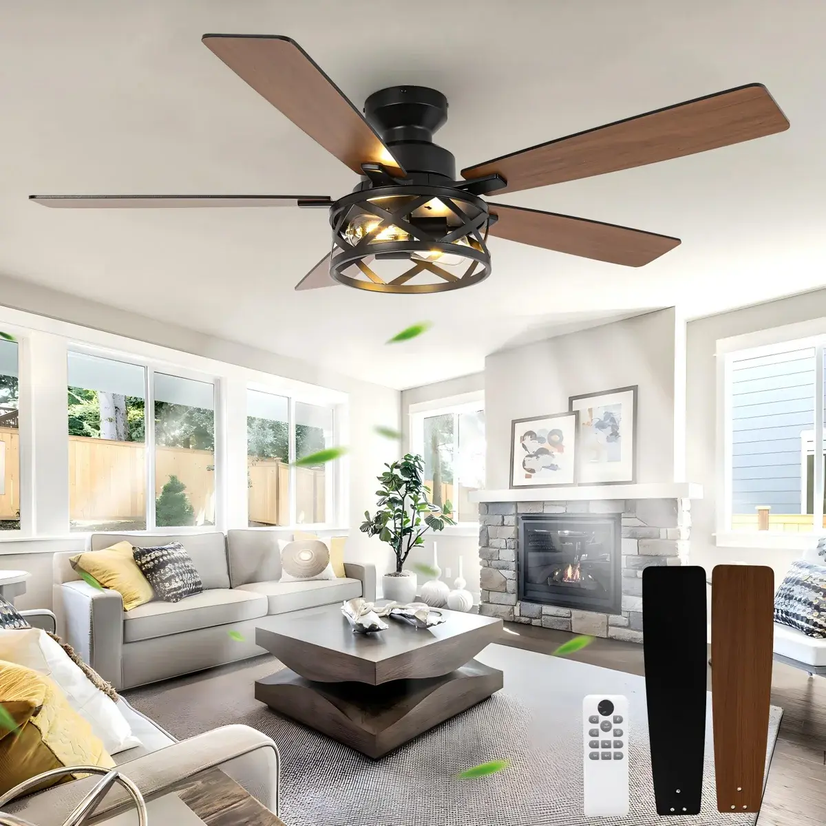 Garwarm 52 Inch Farmhouse Ceiling Fan with Light, Caged Ceiling Fans with Remote, Black Industrial Ceiling Fans with Quiet Reversible DC Motor, 5 Blades Ceiling Fan for Living Room, Bedroom