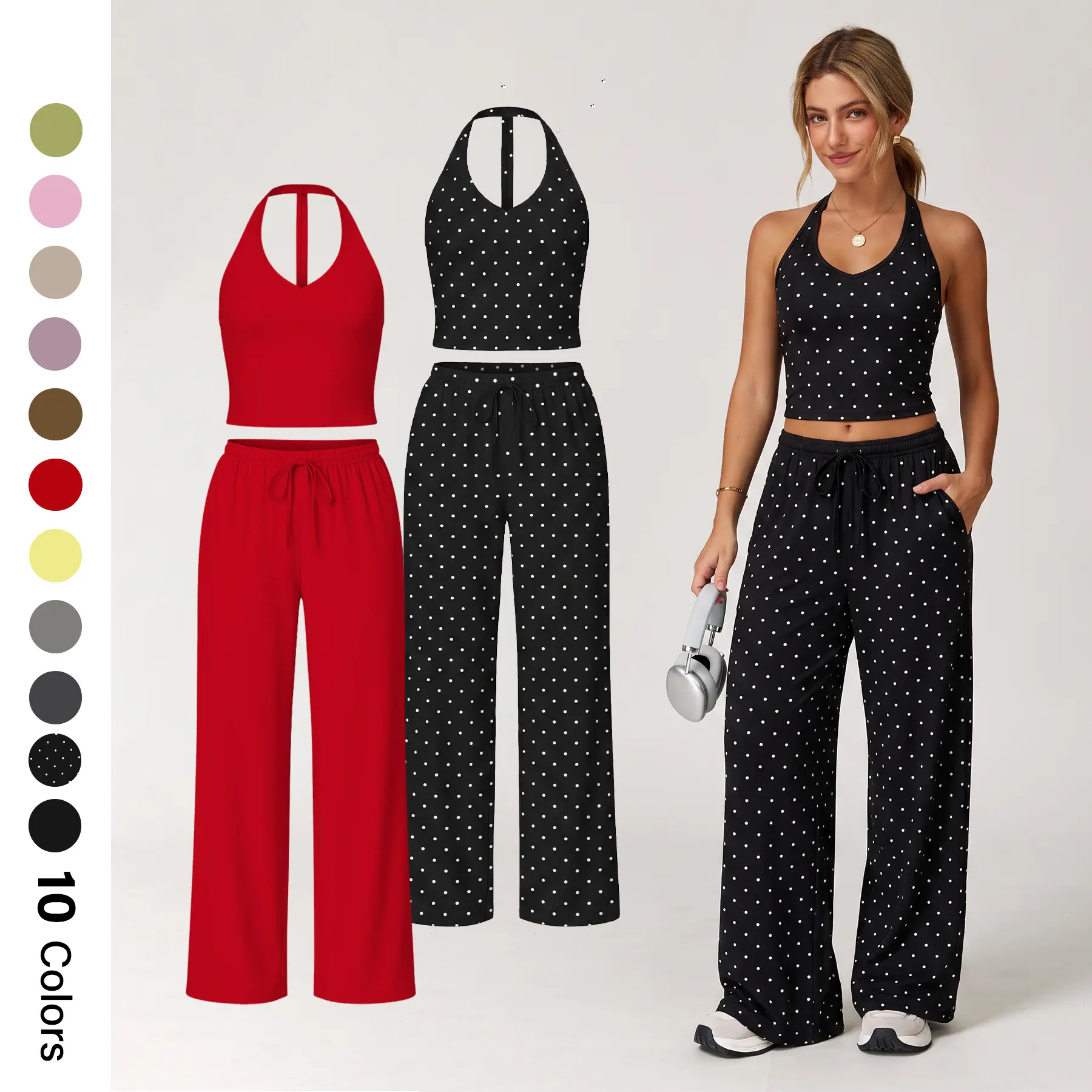 Nvwaurban Women's 2-Piece Athleisure Outfit, Casual Summer Ribbed Matching Set with V-Neck Strappy Top and Wide Leg Pants, Breathable Lounge Wear for Gym & Travel, Summer 2 Piece Set, Women's Tops, Gym Sets For Women tiktokshopbacktoschool
