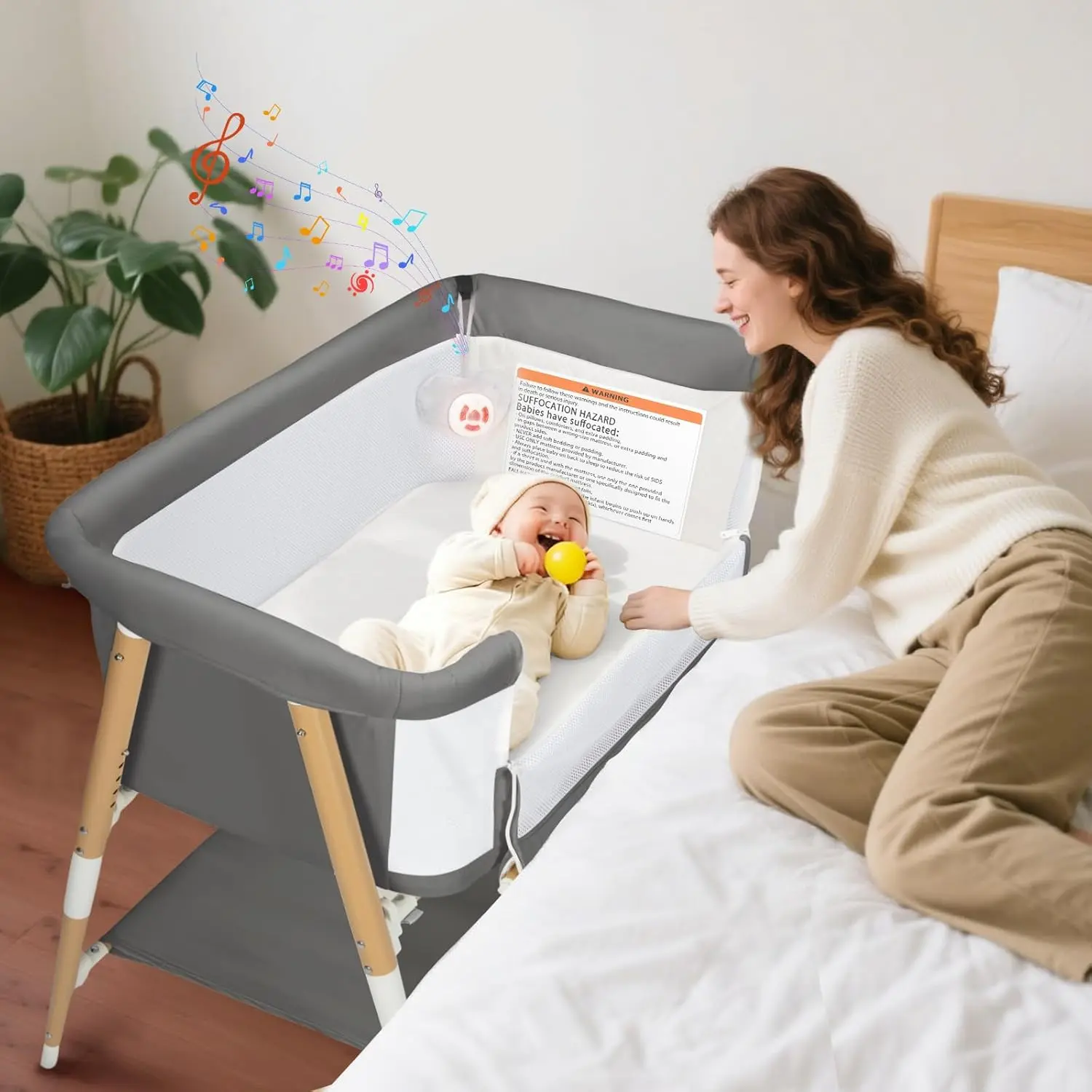 Baby Bassinet, 3 in 1 Bedside Bassinet Sleeper for Newborn, Portable Baby Crib with 4 Detachable Wheels & Adjustable Height, Breathable Mesh & Mattress, Mosquito Net& Storage Basket