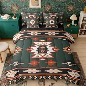 Western Comforter Set with Sheets | Boho Decor Geometric 7 Piece Bedding Set,Bohemian Aztec Bed in a Bag,Ethnic Tribal Arrow Room Decor,Green