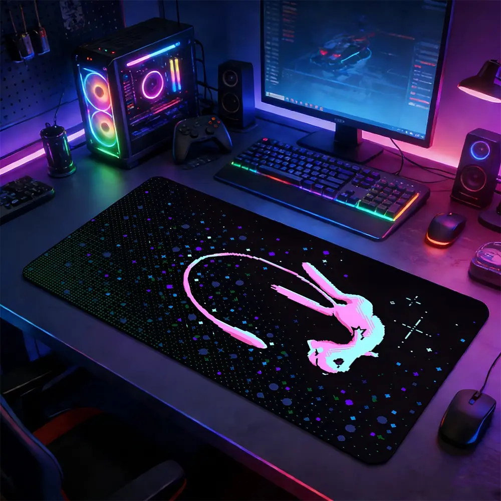Neon Mew Space Pixel Large Gaming Mouse Pad, Non Slip Mousepad, Non-Slip Rubber Base Stitched Lock Edge Desk Mat, Vibrant Cyberpunk Space Art Design, Durable Computer & Desktop Accessory for Home Office & Gaming Setup, Gift for Gamers & Pokemon Fans