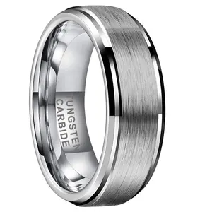 Men’s 8MM Silver Tungsten Brushed Wedding Band – Durable Scratch-Resistant Ring, Modern Beveled Edge & Comfort Fit