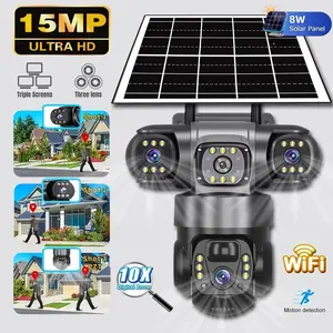 Wireless Security Camera Solar Powered WiFi Surveillance Cam, Motion Detection Camera, 15mp Triple Lens, HD Night Vision 360° Panorama, Two-Way Audio, Recording, Outdoor Home Security
